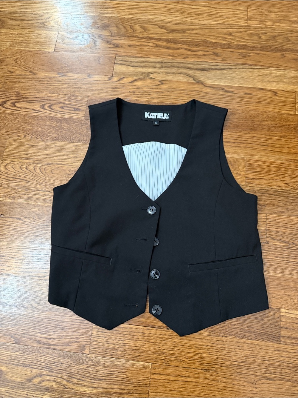Katie J NYC Black Vest with Pinstripe Lining